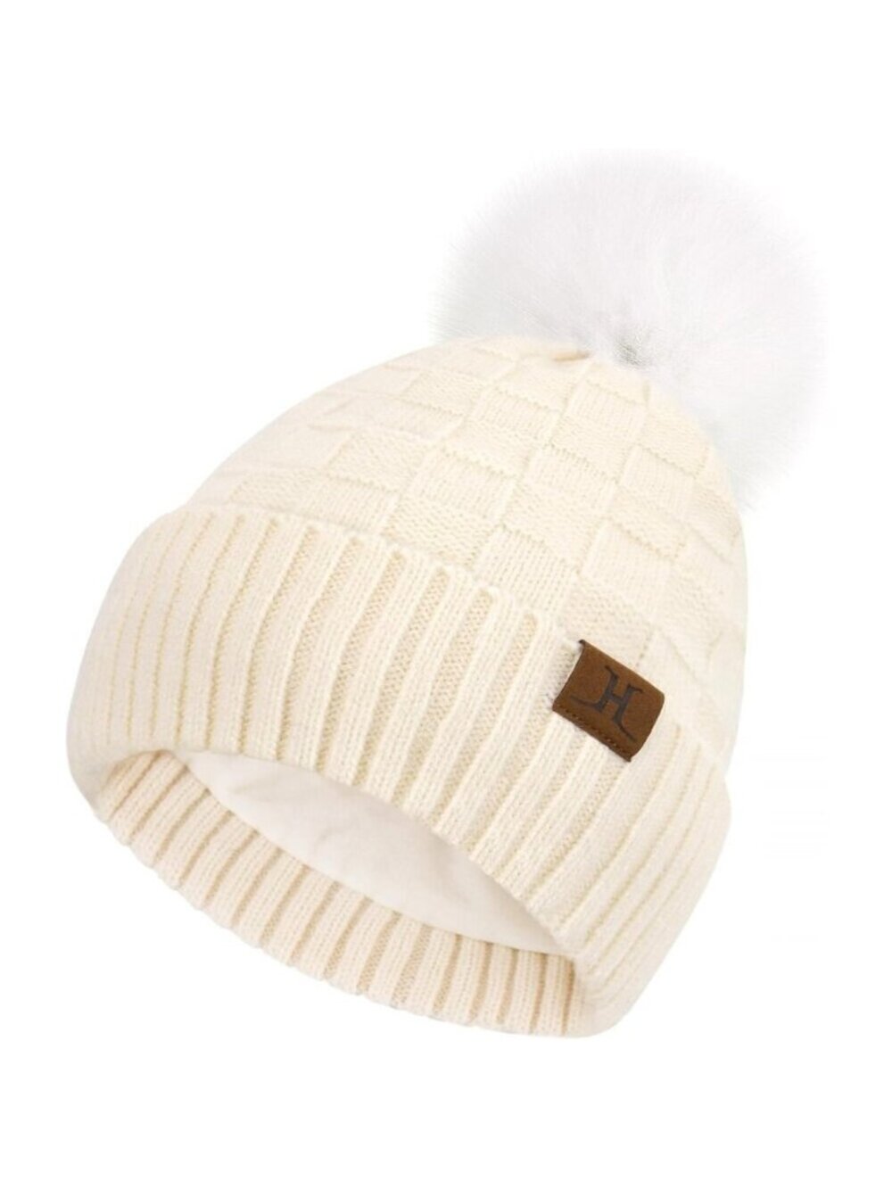 Womens Winter Knit Beanie Hat Fleece Lined Plaid Pompom Warm Cap Cold Weather
